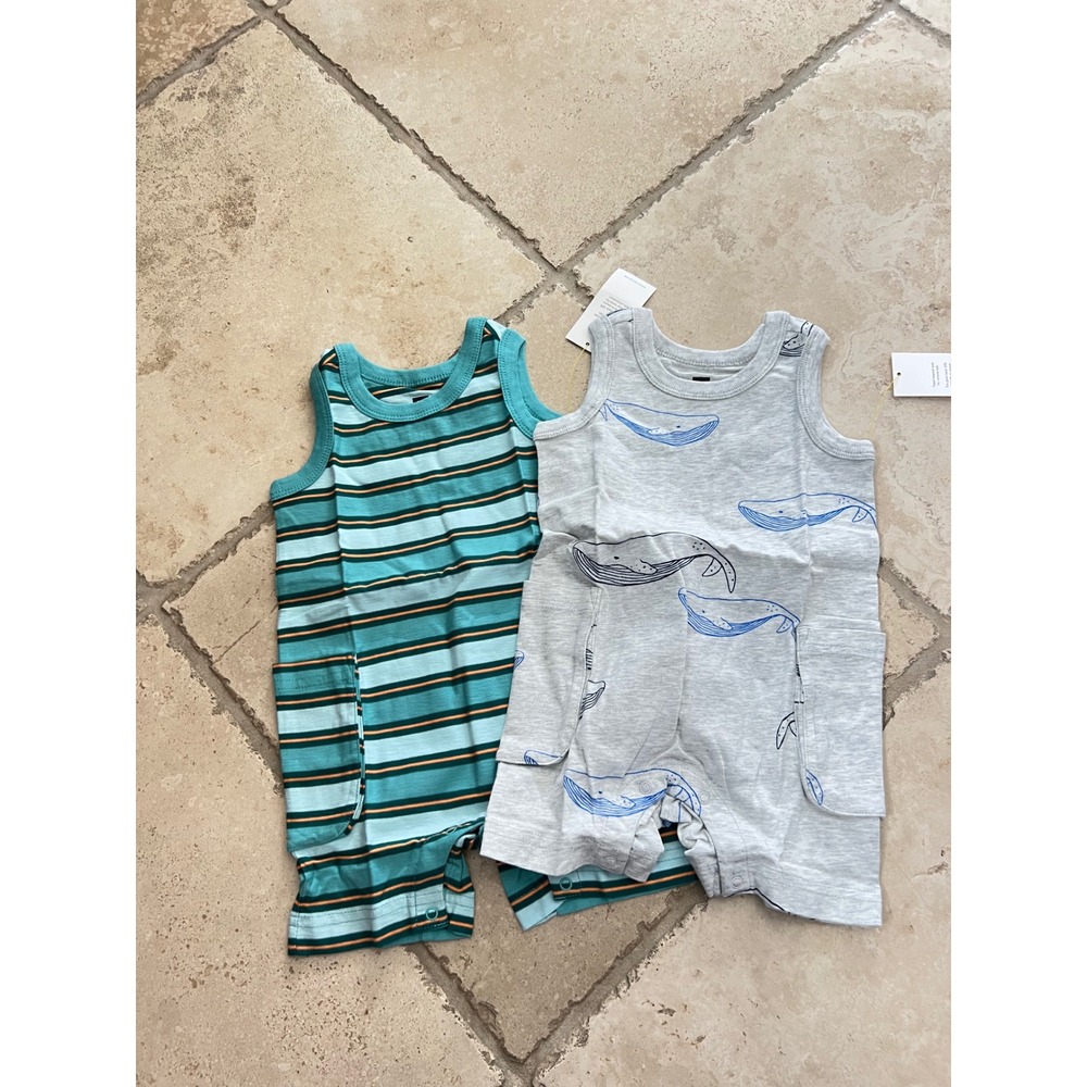 NEW Tea Collection Baby Romper Set 9-12M Patina Stripe Azure Whales Cargo Tank